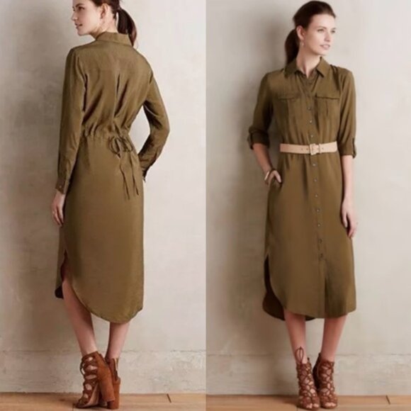 Anthropologie Dresses & Skirts - Anthropologie Maeve Olive Army Green Midi Drawstring Shirt Dress Size 4 Small